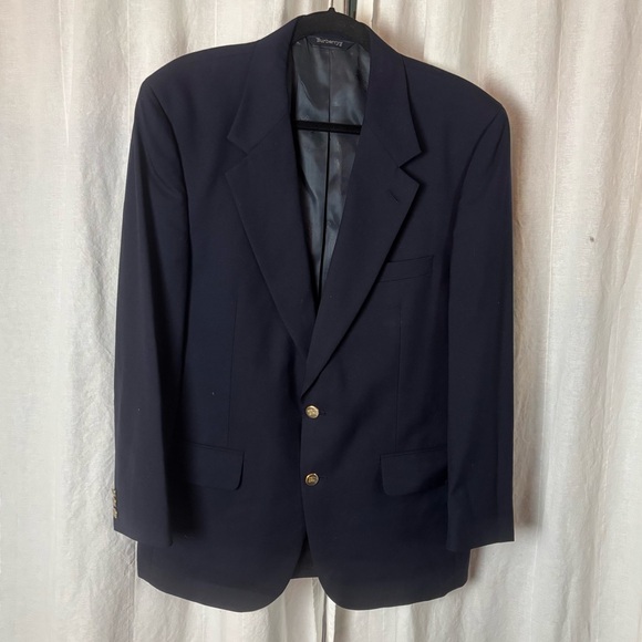 Vintage Burberrys’ Navy Blue Sport Coat Blazer Sz 42 Super 100’s Wool Two Button